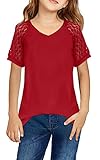 Shirt for Girls Cute Lace Short Sleeve Tops Solid V Neck Blouse Teen Girls Tops Size 8-9 Red