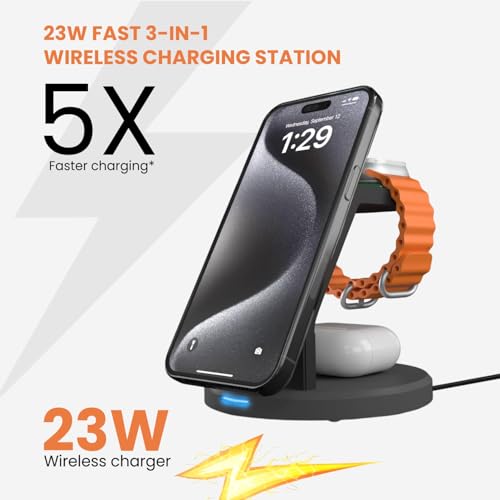Image of Virtutron 23W Wireless Charger 3-in-1 Charging Station | Magnetic MagSafe Compatible for iPhone 17 /16 / 15 /14 / 13 /12 Plus, Pro, Pro Max Series, Airpods 3rd /2nd gen & iWatch Ultra (Black)