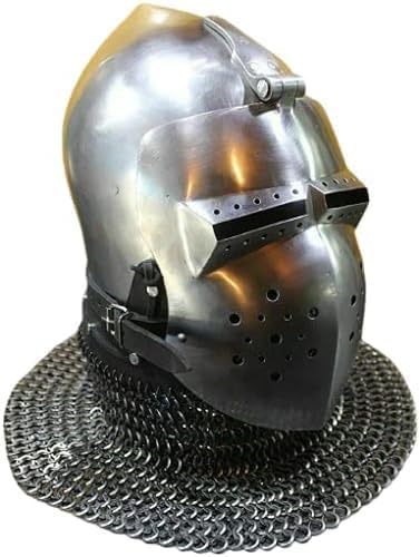 Elmo medievale cavaliere con maglia di maglia, acciaio e ottone, 35,6 x 30,5 cm