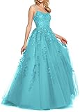 Damen Abendkleider A-Linie Lang Ballkleid Tüll Prinzessin Spaghettiträger Hochzeitskleid Partykleid Türkis 38