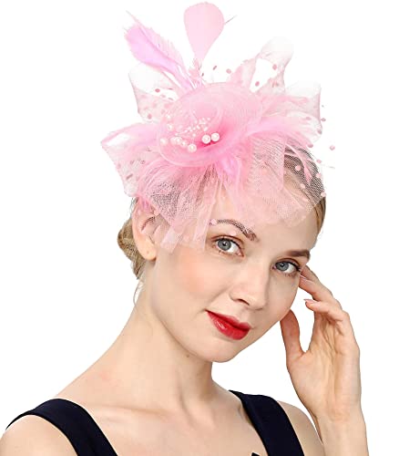 Qiyifan Women'S Feather Mesh Flower Fascinator With Headband And Clip Wedding Tea Party Kentucky Derby Fascinator Hats For Ladies Pink thumb #2