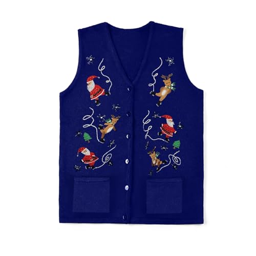 Image of Women Christmas Knit Vest Top Santa Embroidery Sleeveless Button Down Sweater Vest Xmas Snowman Cardigans Tank Top