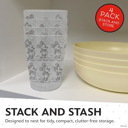 Image of Disney Mickey Plastic Drinking Glasses, Dishwasher Safe, 4-Pack | 16 oz, unbreakable, reusable, BPA-free, stackable to save space, great for water, juice, and family meals