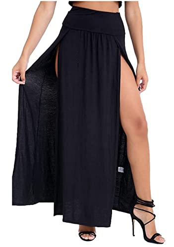 Una gonna lunga maxi da donna con doppia vita e due spacchi aperti è un tipo di gonna progettata per essere aderente intorno alla vita e ai fianchi, e presenta due spacchi sul davanti che espongono le gambe mentre la persona cammina. La gonna è tipicamente realizzata in tessuto di viscosa, che può essere leggera per l'estate, e presenta una trama aperta che permette alla pelle di respirare