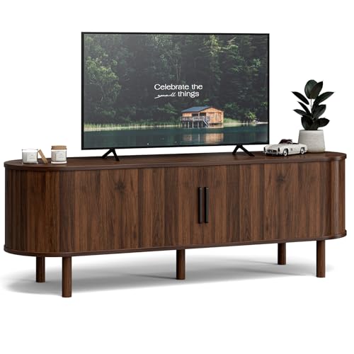Image of ZttRiee TV Stand with Sliding Doors for TVs up to 60 inch, Mid-Century, Walnut | 55 inchW x 18.5 inchH x 15.7 inchD, 200 lbs top / 50 lbs shelf, 2 central shelves & 2 side cabinets, rounded corners, ~60 min assembly