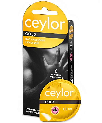 Ceylor Gold 6 Kondome mit spermizider Beschichtung - mit Nonoxynol-9 - verpackt im hygienischen "Dösli", einfach zu öffnen, schnelleres Überziehen, Premium-Qualität aus der Schweiz Cover