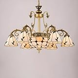 RUNNUP Cone Dome Chandelier Stained Glass Pendant Ceiling Lighting Fixture Vintage Hanging Light Fixtures in Beige for Living Room Bedroom Hotel Bar, 9-Light