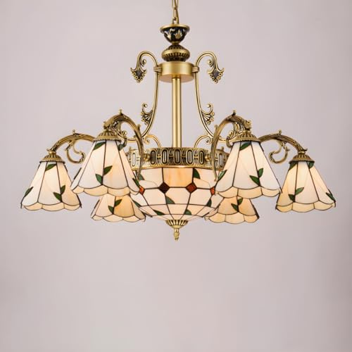 RUNNUP Cone Dome Chandelier Stained Glass Pendant Ceiling Lighting Fixture Vintage Hanging Light Fixtures in Beige for Living Room Bedroom Hotel Bar, 9-Light