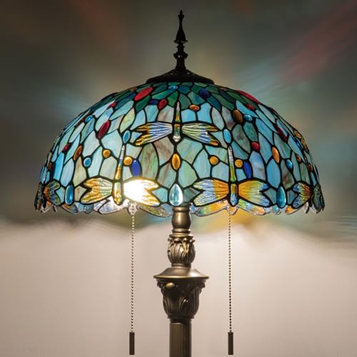 Image of Tiffany Style Floor Lamp, 16 inch Stained Glass Dragonfly Shade with Antique Bronze Base, 2-Light E26 Pull Chain Standing Reading Light for Living Room, Bedroom, UL Listed, 16x16x64 Inches