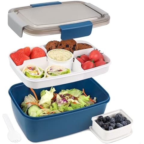 Ensaladera Bento Box Bugucat 2000ML con 4 compartimentos y cubiertos, azul Cover