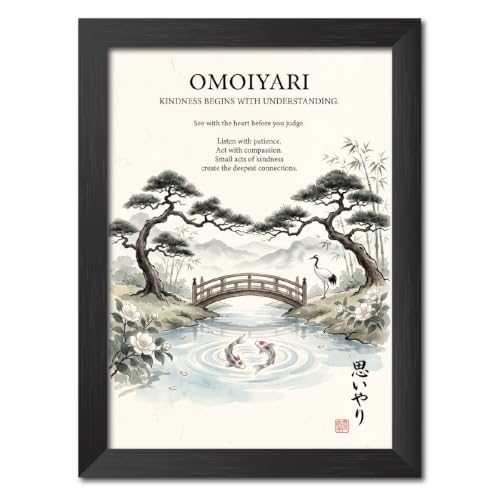 Image of TenorArts Japanese Philosophical Quotes Photo Frame Painting, Omoiyari Poster Framed Wall Hanging Decor Paintings For Bedroom Living Room Home and Cafe, Minimal Drawing Framed Posters for Decorations (9x12 inches)
