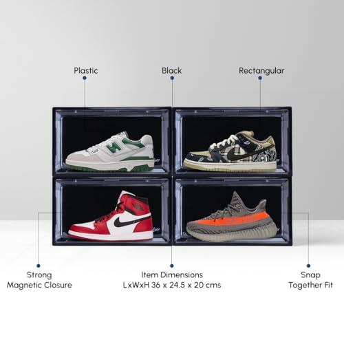 Image of Sneaker Box Black (Pack of 6) | Side-Opening, Heavy-Duty | Stackable Shoe Storage Organizer Crate with Magnetic Closure | Clear Sneaker Display & Dust-Proof Access Container