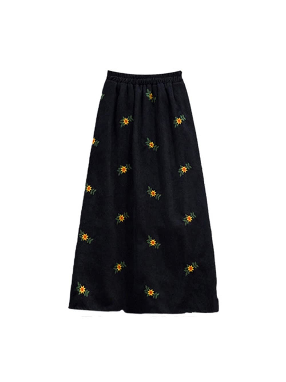 Faldas De Invierno para Mujer, Bordado De Flores, Falda Negra De Talla Grande, Cintura Elástica, Faldas Plisadas Vintage para Mujer, Falda Midi De Cintura Alta,(XL)