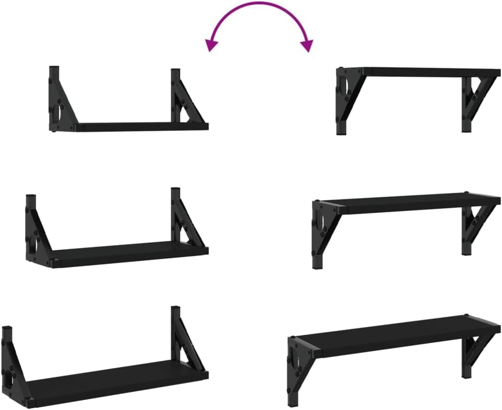 3-Piece Black Floating Wall Shelf Set, Engineered Wood & Metal, Modern Rectangular Ledge Shelves for Living Room, Bedroom, Bathroom Decor & Storage