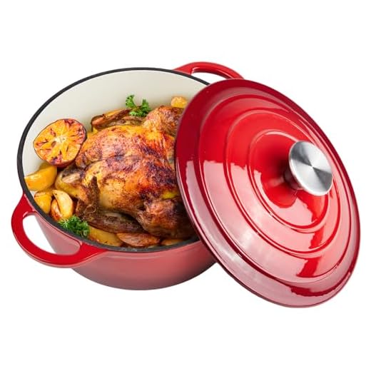 Ferro fundido esmaltado para forno holandês de 6 litros com tampa - alças duplas grandes - Seguro para forno até 260 °C - Panela redonda clássica para cozinhar vermelho versátil