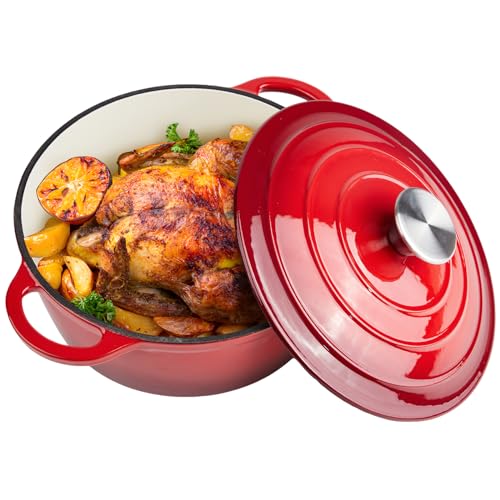 Image of 3 Quart Dutch Oven Enameled Cast Iron with Lid - Big Dual Handles - Oven Safe up to 500F - Classic Round Pot for Versatile Cooking Red