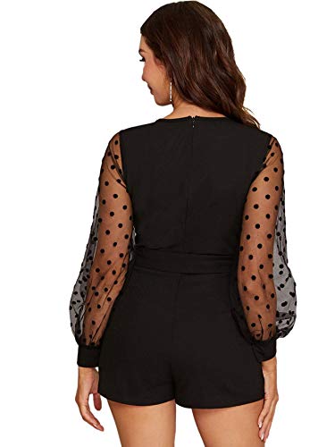 SheIn Women's Polka Dots Sheer Mesh Bishop Long Sleeve Jumpsuit Belted Wrap Romper Black Dots Mesh Medium