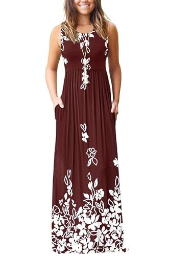 Image of AUSELILY Women's Summer Sleeveless Loose Plain Casual Long Maxi Dresses | Year Round wear solid floral print, Casual daily wear, Empire waist, Floor length, Side pockets New