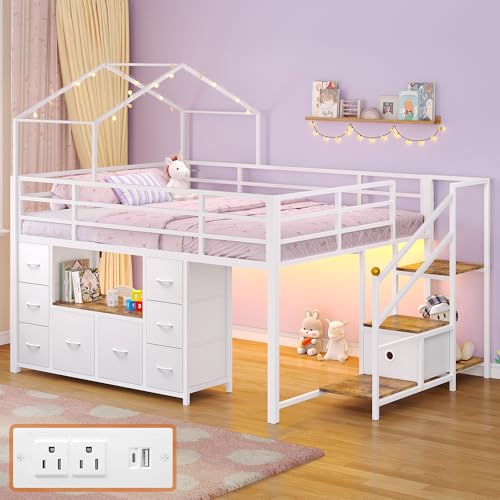 Dnxao Full Size Low Loft Bed with 9 Drawers Reinforced Metal House Bed Frame with Noise-Free Slats Smart LED Lights & Charging Station Space-Saving for Small Bedroom White