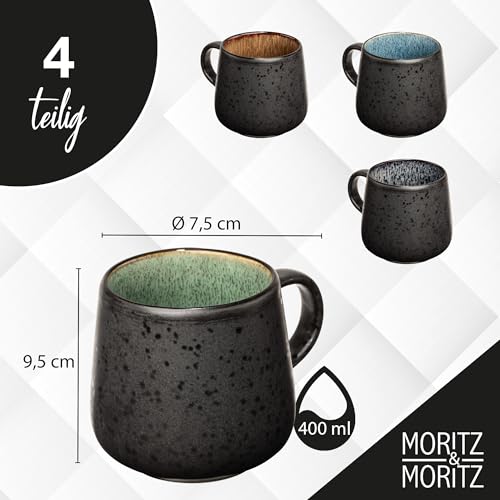 Moritz & Moritz SOLID 4er Tassen Set Bunt - Kaffeebecher Set Außen Schwarz - Robustes Steinzeug - Spülmaschinen- & mikrowellenfest - Perfekt für Kaffee, Tee & mehr