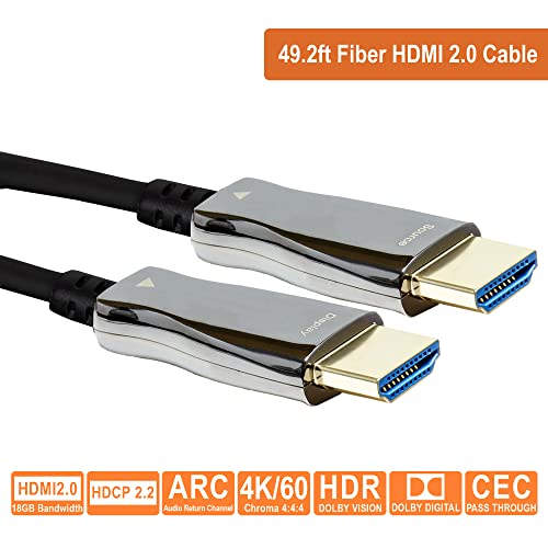 J-Tech Digital HDMI 2.0 Active Fiber Optic Cable 18Gbps 49.2 Feet | 4K 60Hz 4:4:4 HDR10 HDCP 2.2 Unidirectional [JTECH-FCAB154K]