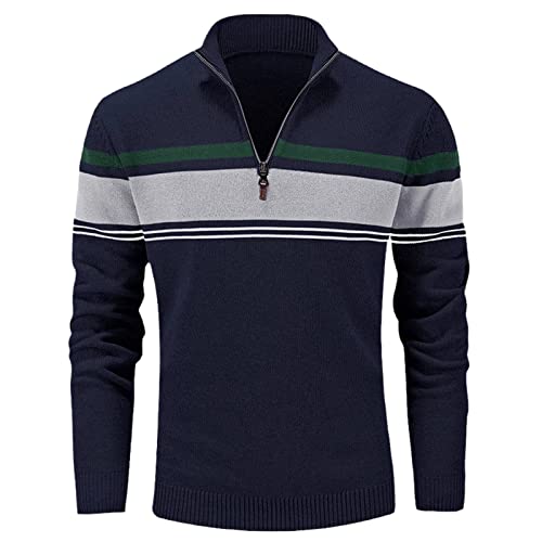 Pull homme demi-fermeture éclair tricot slim fit chaud col roulé ajustable bleu marine