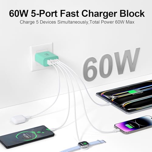 Image of USB C Charger Block, 60W 5-Port Type C Charger Fast Charging Blocks | USBC Multiple Port Wall Charger Plug for iPhone 17 /16 /15 /14 /13 /12 /11 Pro Max, Samsung Galaxy, Android Phone, iPad, Green