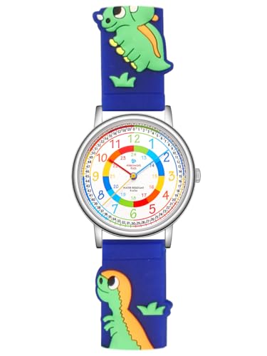 Alienwork Kids Dino T-Rex Reloj de Aprendizaje Infantil Niño Niña Plateado Azul Marino Abigarrado niños Impermeable 5 ATM Tiempo de Aprender