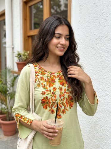 Image of Youthnic Women's Light Green Rayon Yoke Embroidery Straight Short Kurti | Office Wear Kurti | College Wear Kurti | Tunic Top