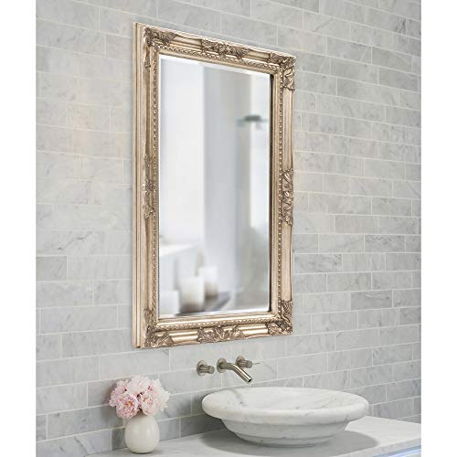 Image of Howard Elliott Collection Queen Ann Rectangular Antique Silver Leaf Wall Mirror, Rectangle Hanging Wood Framed Vanity Mirrors for Home Decor, Living Room, Bathroom, Bedroom, or Hallway, 24 x 36 Inch