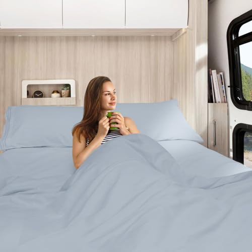 Image of Nestl Ice Blue Short Queen Sheets for RV, Hotel Luxury RV Queen Sheets Set, 4 Piece Fitted Bed Sheet Set and Pillowcases, Super Soft, Wrinkle-Free, and Breathable Camper Bedding
