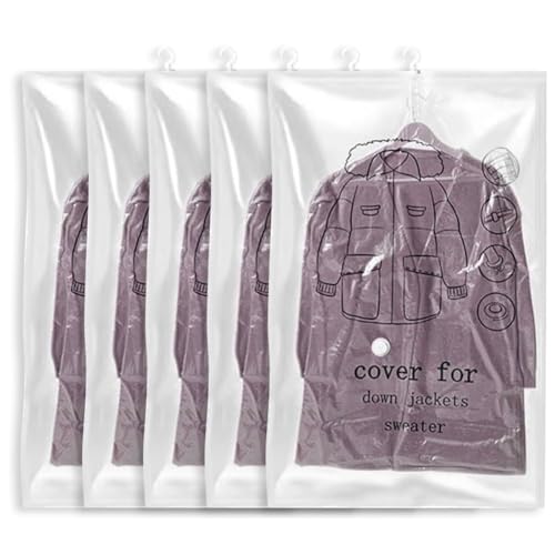 Frogetu 5 Piezas Bolsas de Almacenamiento al Vacío para Colgar,110X70 cm,Bolsa de Compresión con Gancho,Bolsas de Vacío Transparentes y Reutilizables para Ropa,para Trajes,Abrigos