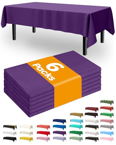 Image of Pureegg Plastic Table Cloth Disposable 6 Pack, 54 x 108 Inch, Purple | Halloween Party, Summerween Decor, Waterproof, Purple, Tablecloth, Table Cover