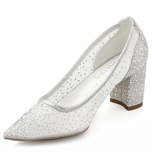 Women's Pointed Toe Silver Rhinestone Mesh Chunky Block Heel Wedding Bridal Shoes
