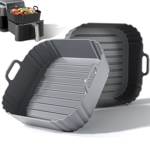 Image of Square Silicone Air Fryer Liners 2 Pack, 8.5 Inch Reusable Air Fryer Liners for 5-6.5QT, Compatible with Ninja AF141 /AF181, COSORI, Non-Stick Silicone Basket Accessories