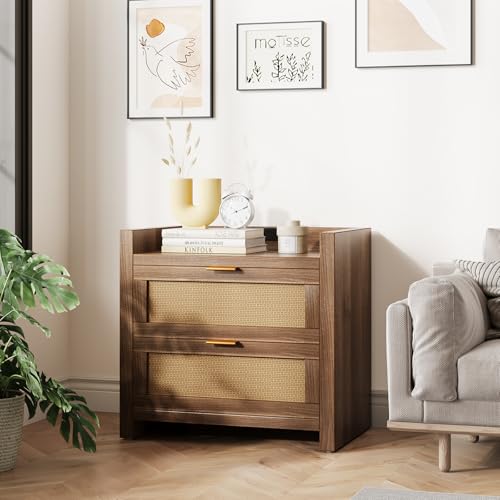 Image of Garvee Night Stand Set of 2, Rattan Nightstands with Charging Station, Boho Bed Side Tables with 2 Drawers, Modern Night Stand for Bedroom, Study, Living Room, Walnut
