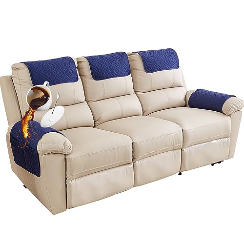 NNSMUN Sofa Armrest Cover, Headrest Cover for Recliner Chair Arm Cover, Armchair Slipcover with Pockets, Nonslip Quilted Furniture Protector for Pets Leather Sofa Couch (Blue(Style B),3 Seater(5pcs))