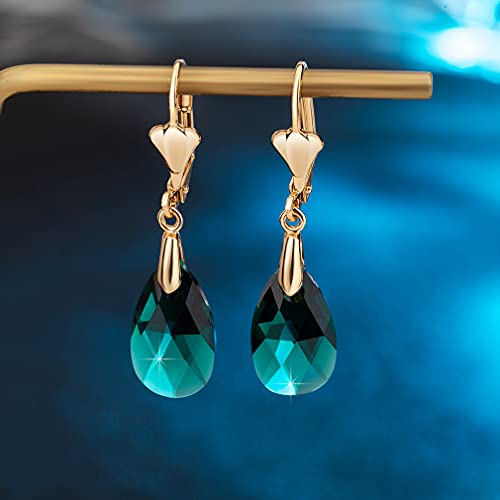 Austrian Crystal Teardrop Leverback Dangle Earrings For Women Fashion 14K Gold Plated Hypoallergenic Jewelry (Emerald) #TOP2