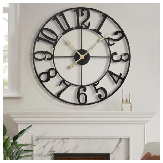 LEIKE Large Wall Clock, 16" Silent Non-Ticking, Battery Operated, Oversized, Decorative Retro Black Metal Clock for Living Room,Farmhouse, Dinner Room,Indoor, Outdoor Decor(40cm, Black Arabic Number)