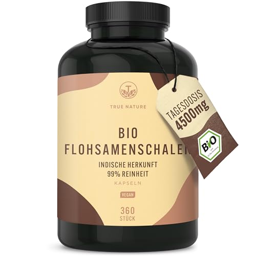 Bio Flohsamenschalen Kapseln - 360 Kapseln (je 750mg) - 4500mg hochdosierte Tagesdosis - Ballaststoffe Psyllium Husk - Herkunft: Indien - Vegan - Deutsche Produktion - TRUE NATURE
