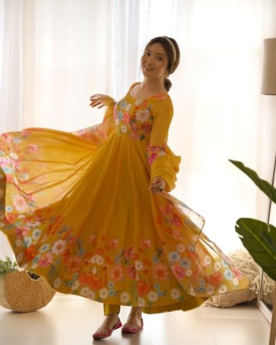 Image of KD Women's Floral Print Anarkali Kurta Set with Pant and Dupatta, Georgette, Full Sleeves, Asymmetric Hemline