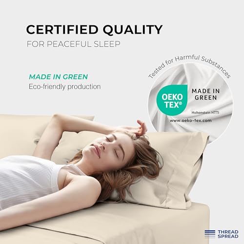 Image of THREAD SPREAD 100% Egyptian Cotton Sheets Queen Size - 1200 Series 4 PC Queen Sheet Set Egyptian Cotton, Sateen Weave Luxury Sheets Queen Size, High Thread Count Sheets, 17 inch Deep Pocket - Beige