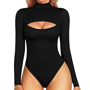 MANGOPOP Mock Neck Cutout Front Top Long Sleeve Sleeveless Bodysuits for Women