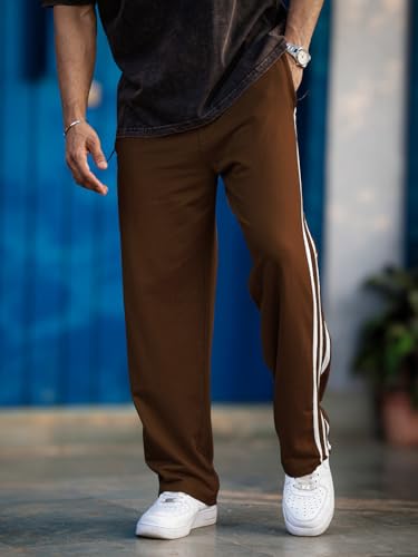 Image of Men's Track Pants with White Side Stripes | 4-Way Lycra Twill Polyester Straight Relaxed Fit Joggers | Mid-Rise Flexi Waist Lounge Bottoms