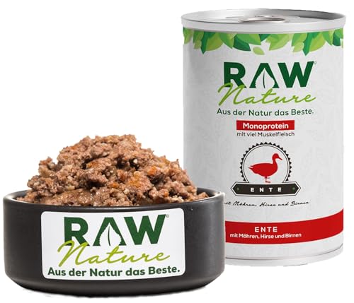 RAW Nature - Ente Pur 6x400g - Mit Hirse und Birne - Nassfutter für Hunde - Hoher Fleischanteil - Monoprotein - Alleinfuttermittel - Getreidefreies Hundefutter (6er Pack)