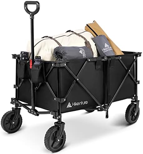 Hikenture Collapsible Wagon Cart, Portable Large Capacity Folding Wagon, Heavy Duty Utility Beach Wagon with All-Terrain Wheels, Outdoor Garden Cart Foldable Wagon for Sports, Shopping, Camping(Black)