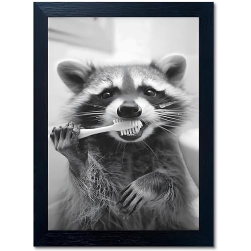 Framed Black and White Bathroom Canvas Wall Art Funny Raccoon Brushing Teeth Painting Picture Wall Decor Farmhouse Cute Animal Poster Print Artwork for toilet Kid Room Bedroom Nursery Home 12x16 in