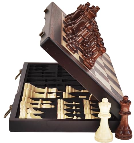 Ludoore Magnetisches Schachspiel aus Holz, 43,2 cm, groß, zusammenklappbar, tragbar, Reise-Schachbrett, handgeschnitzte Teile, Schaumstoff-Aufbewahrungsfächer, 2 zusätzliche Königinnen – Turnier und