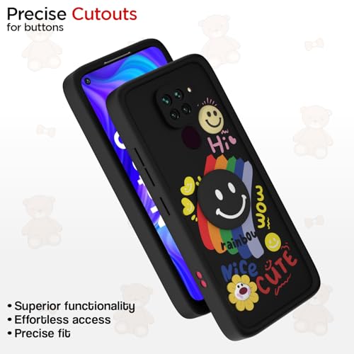 Image of Pikkme Back Cover for Redmi Note 9 | Soft Silicone| Cute Rainbow Smile & 3D Cartoon Flower Design | Shockproof Raised Camera Protection Bumper Case (Black)
