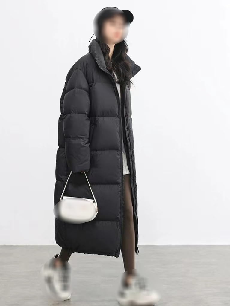 Women's Mid Length Down Jacket Standing Collar Loose And Fashionable Black Warm Jacket